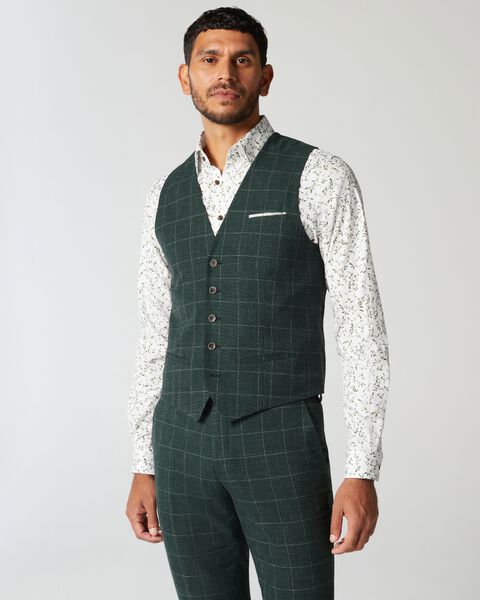 Forest Windowpane 5 Buttoned Check Tailored Vest